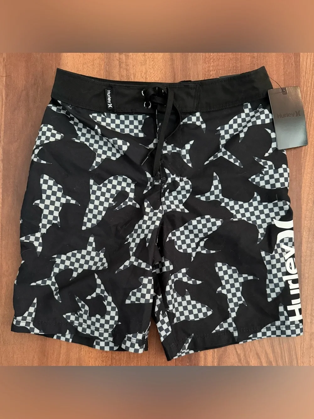 Hurley Boys Black Swim Shorts with Gray Checker Shark Pattern